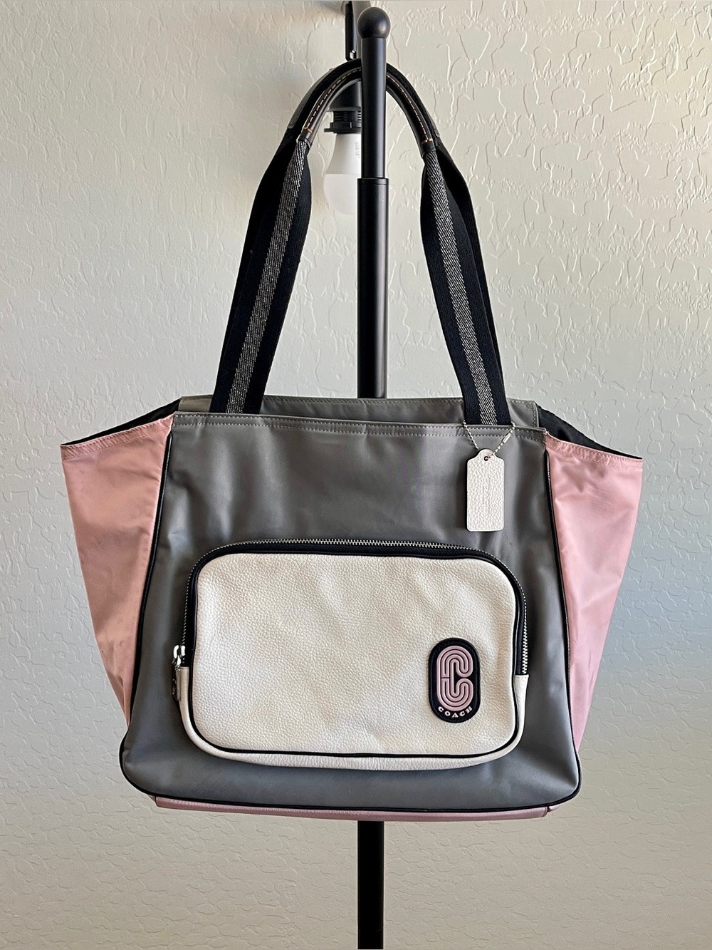Coach Court Gray, Pink & Cream Tote Bag with Front Pocket